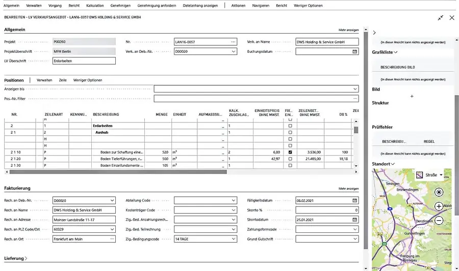 Verkaufsangebot mit Leistungspositionen in der deutschen Version von MEGABAU