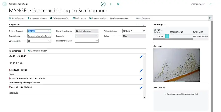 Baubesprechung mit Ereignisliste und Fotodokumentation in MEGABAU