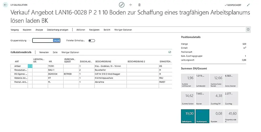 Kalkulationsmaske mit Leistungspositionen und Zuschlägen in MEGABAU