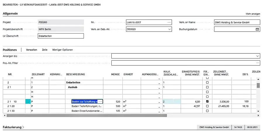 Leistungsbeschreibung mit Positionen und Texten in MEGABAU