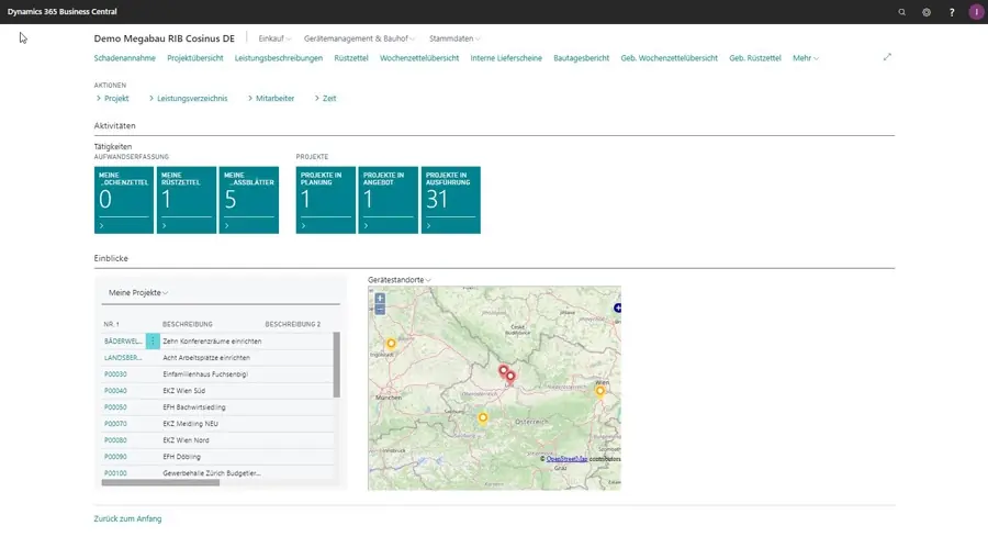 Rollencenter-Startseite der Bausoftware MEGABAU mit Projekt- und Aufgabenübersicht