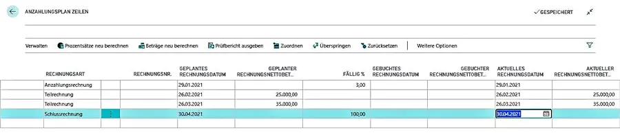 Zahlungsplan mit geplanten und gebuchten Beträgen in der Bausoftware MEGABAU
