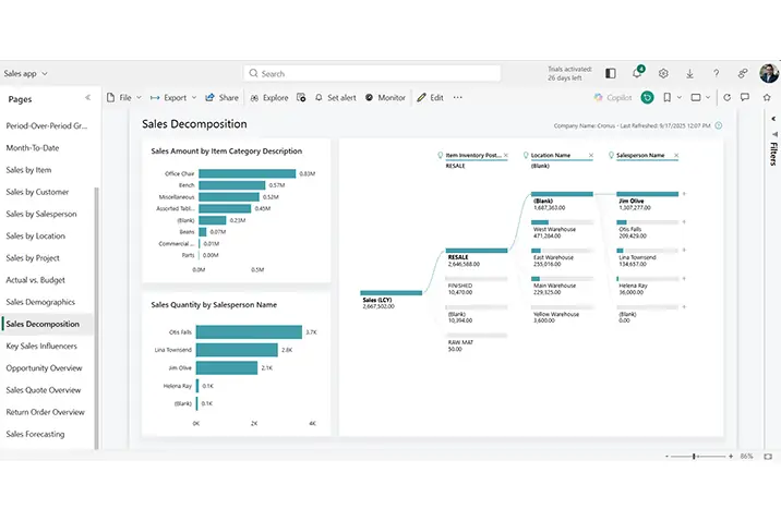 Power BI Analyseansicht mit Umsatzaufteilung nach Kategorien