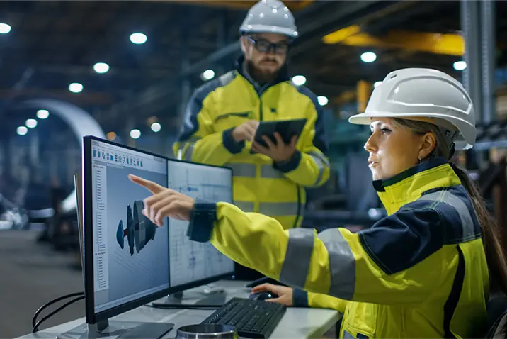 Zwei Personen analysieren technische Pläne auf einem Bildschirm in einer Halle