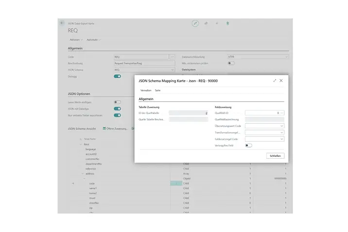 Karte zur Konfiguration eines JSON-Dateiexports