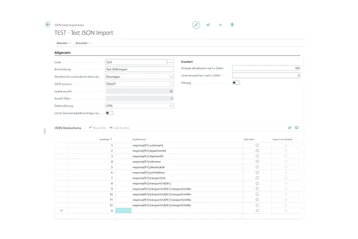 Karte zur Konfiguration eines JSON-Dateiimports in Business Central