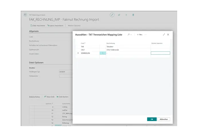 Einrichtung eines TXT-Rechnungsimports in Business Central