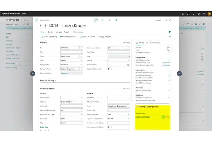 Kontaktkarte mit Mailchimp-Abonnementinformationen in Business Central
