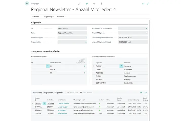Zielgruppenübersicht mit Mitgliedern in Mailchimp innerhalb von Business Central