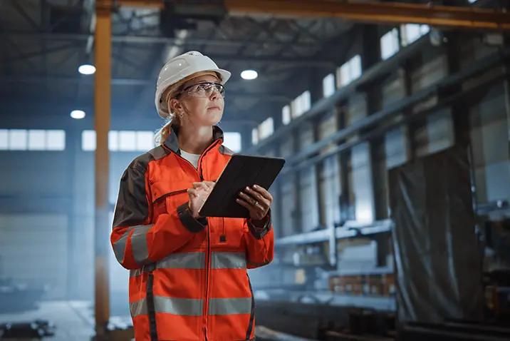 Person nutzt ein Tablet zur Dokumentation auf einer Baustelle