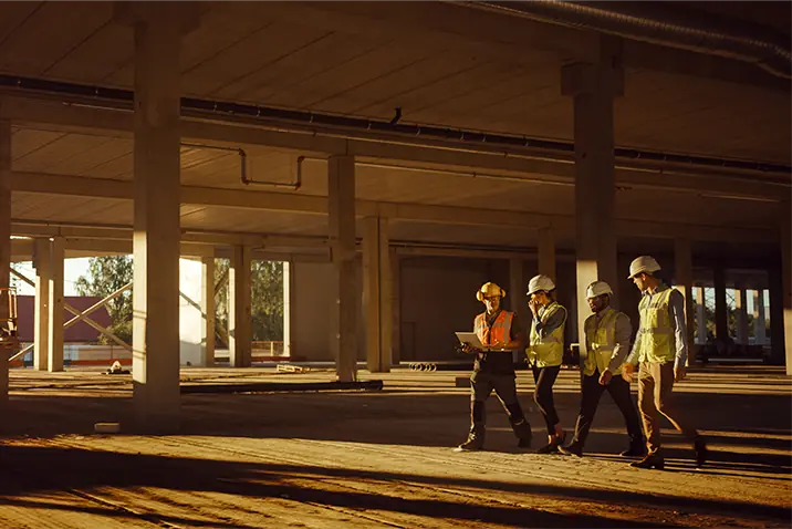 Gruppe von Personen begeht eine Baustelle in einer großen Halle