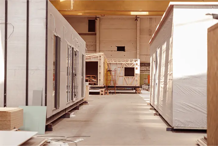 Modulare Raumeinheiten stehen in einer großen Halle für den weiteren Ausbau bereit.