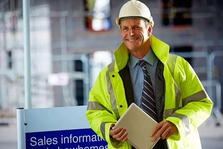 Person mit Schutzhelm arbeitet mit einem Notebook auf einer Baustelle