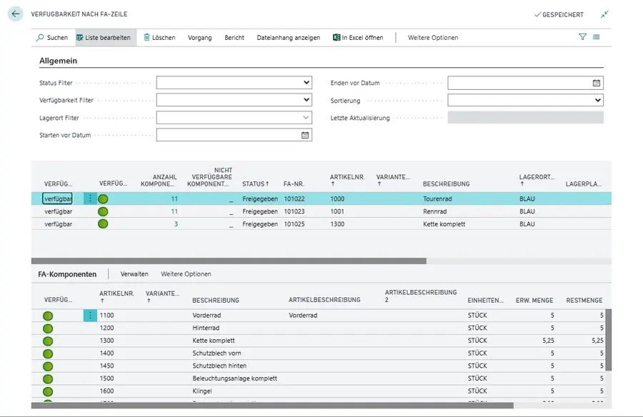 Verfügbarkeitsübersicht von Komponenten und Baugruppen im ERP-System unitop