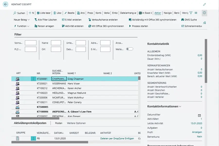 Kontaktcockpit mit Kontaktdaten, Aktivitäten und Kennzahlen im ERP-System unitop