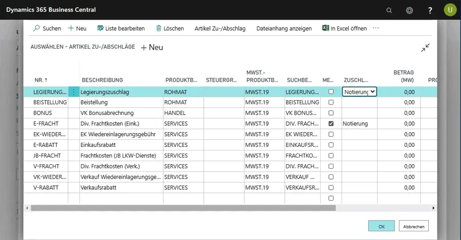 ERP-Ansicht zur Verwaltung von Metallnotierungen und Zuschlägen in unitop