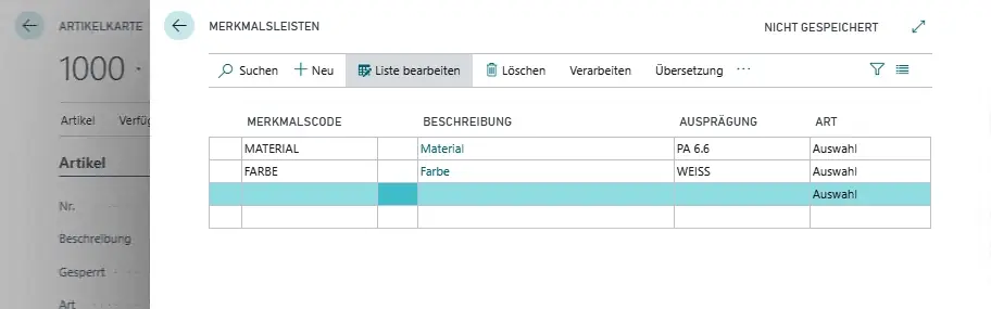 ERP-Ansicht zur Pflege von Sachmerkmalen bei Artikeln