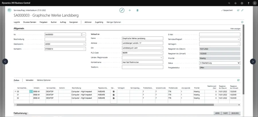 Servicemodul mit Aufträgen, Status und Servicepositionen im ERP-System unitop