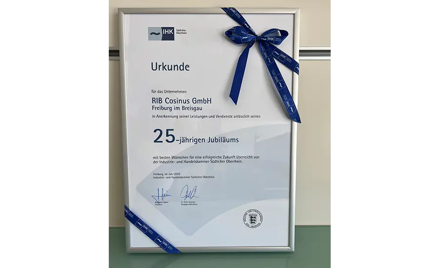 Urkunde der IHK zum 25-jährigen Jubiläum von RIB Cosinus