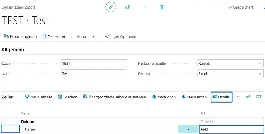 Auswahl eines Feldes im Dynamischen Export mit Detailansicht