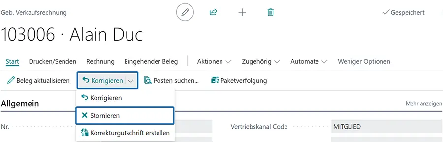 Gebuchte Verkaufsrechnung mit Option ‚Stornieren‘ im Menü Korrigieren