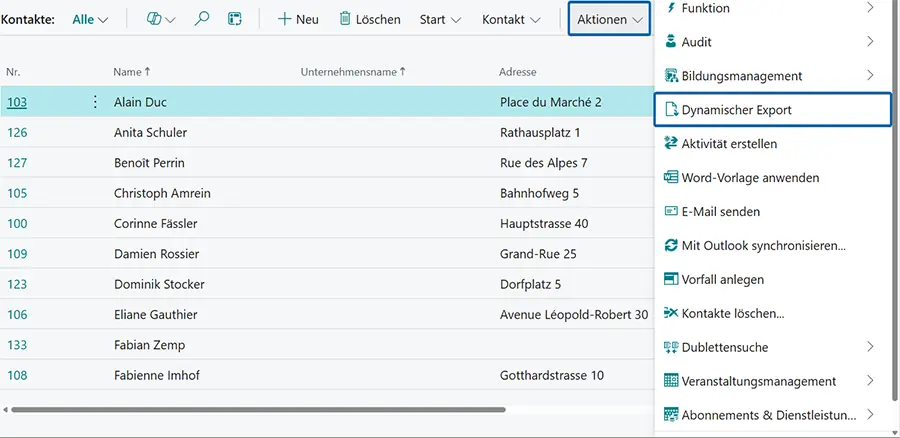 Kontaktliste mit Auswahl ‚Dynamischer Export‘ im Aktionsmenü