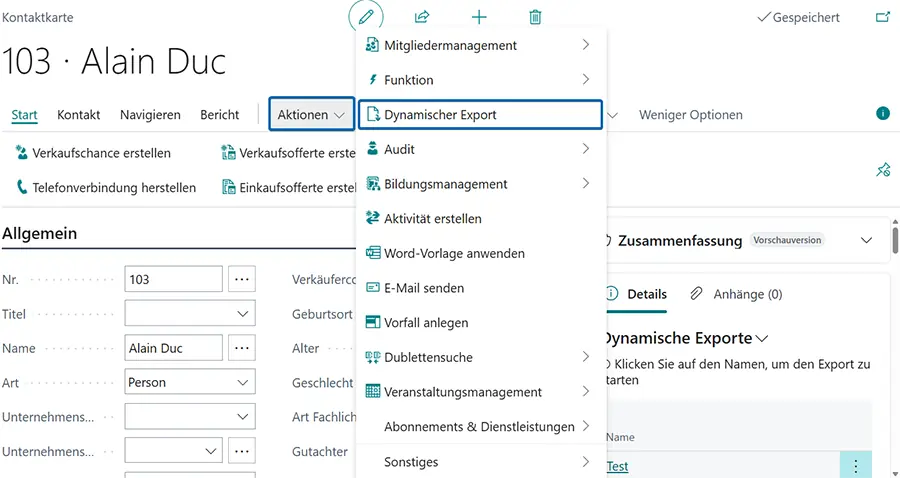 Kontaktkarte mit Menü ‚Dynamischer Export‘ unter Aktionen