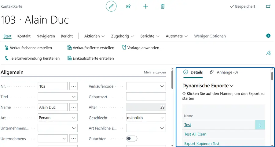 Kontaktkarte mit Infobox ‚Dynamische Exporte