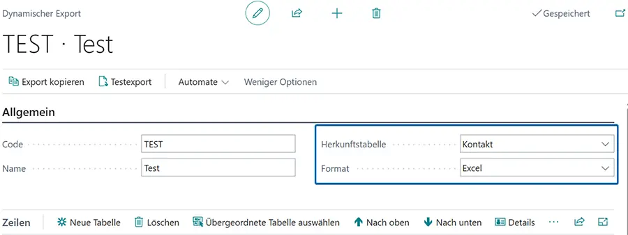 Einrichtung eines Dynamischen Exports mit Herkunftstabelle und Format