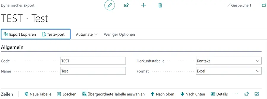 Details eines Dynamischen Exports mit Einstellungen für Tabelle und Format