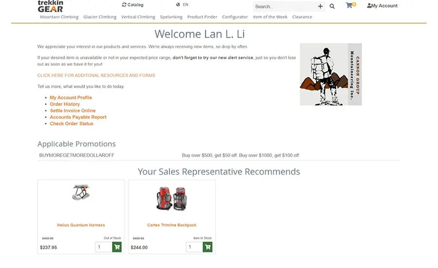 Webshop-Oberfläche mit persönlichem Kundenbereich und Produktempfehlungen