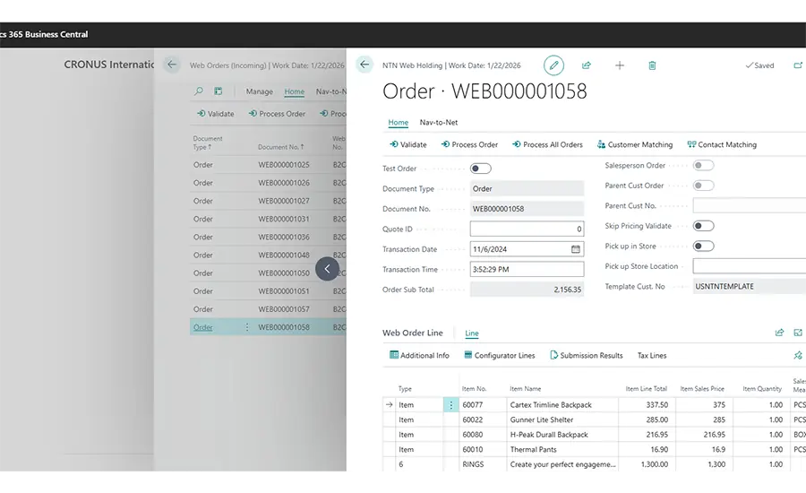 ERP-Oberfläche mit Auftragsdetails und Positionsliste