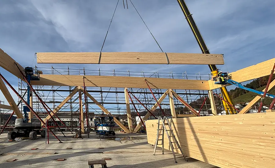 Holzbauhalle mit Maschinen und Bearbeitung von Holzelementen